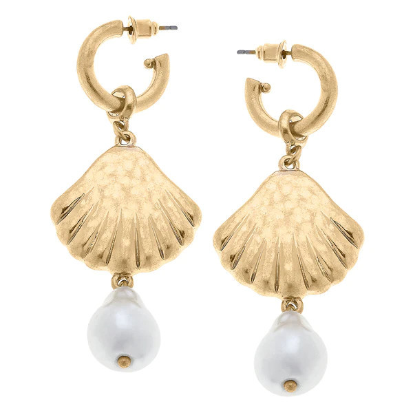 CANVAS Style x @thelovelyflamingo Scallop Shell & Pearl Drop Hoop Earring in Worn Gold | CANVAS
