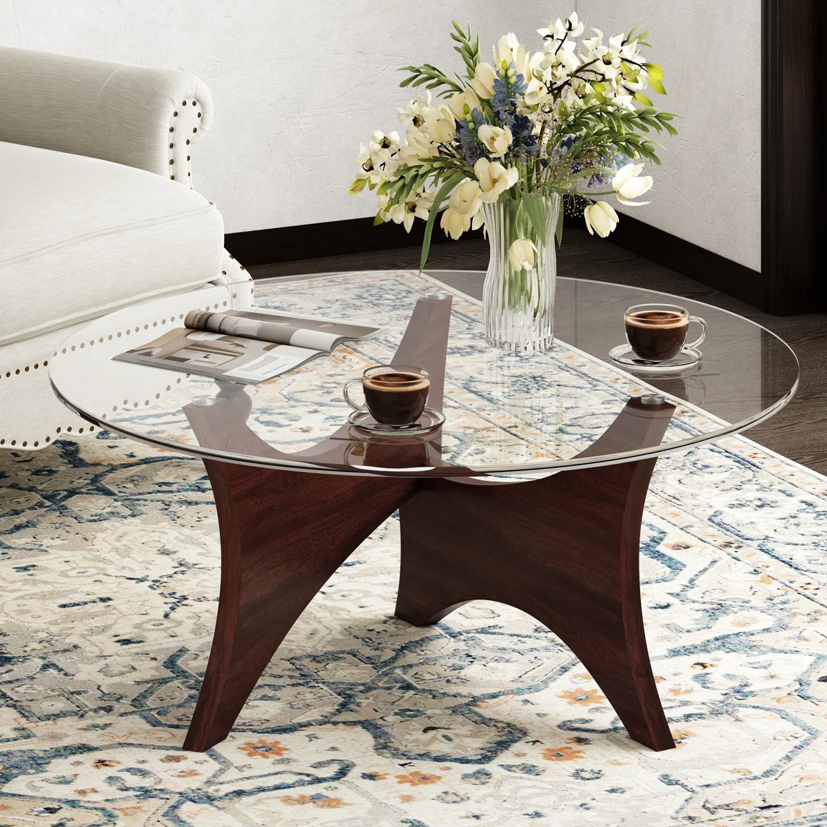 Krassimir Glass Top Coffee Table Abstract Wood Base | Wayfair North America