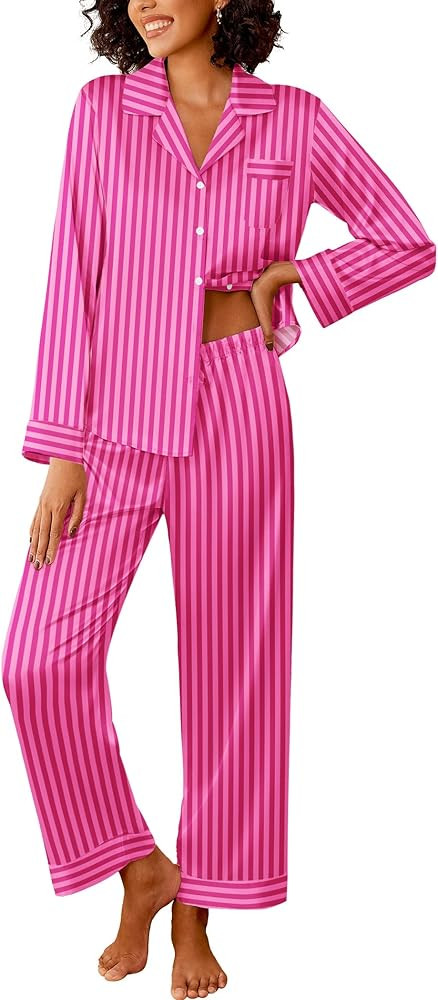Ekouaer Womens Silk Satin Pajama Sets 2 Piece Sleepwear Pjs Set Long Sleeve Button Down Top and P... | Amazon (US)