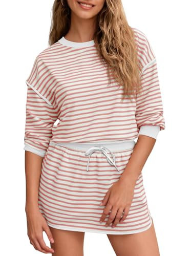 Fisoew Womens Striped 2 Piece Outfits Crewneck Workout Sets High Waist Skort Set Long Sleeve Matching Sets Women Clothing | Amazon (US)