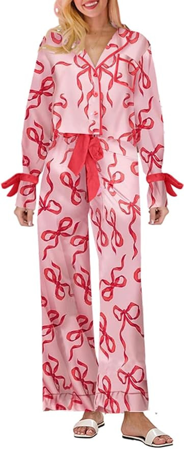 Holiday Bow Pajamas for Women Satin Silk 2 Piece Cute Festival Print Pjs Long Sleeve Button Shirt... | Amazon (US)