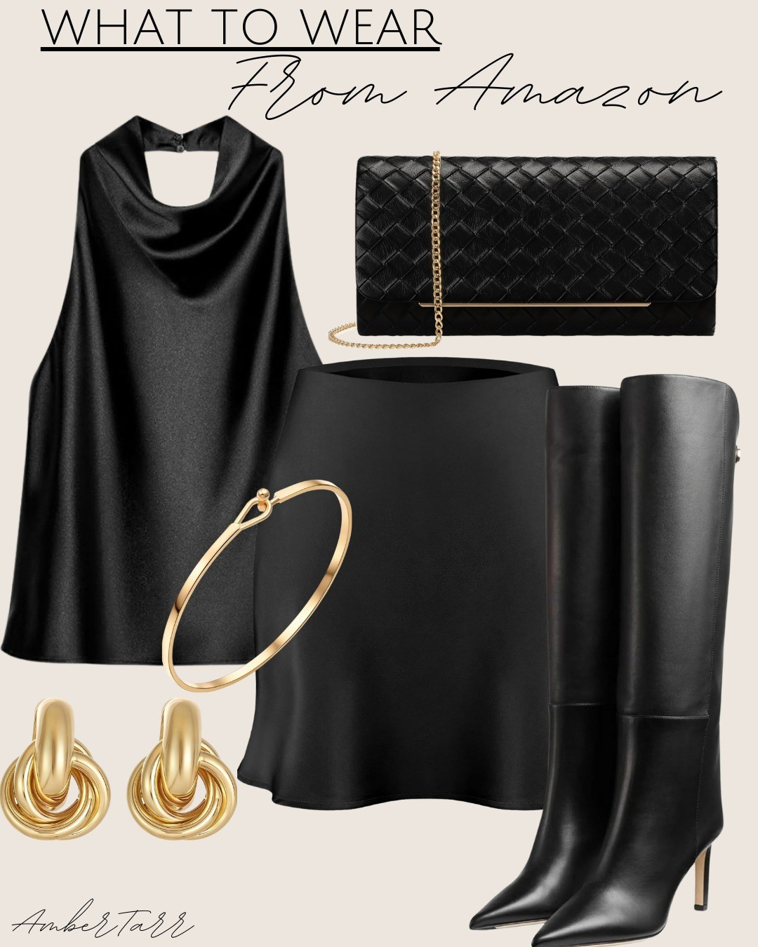 A sleek all-black outfit with a satin cowl top, knee-high boots, and a woven clutch. Gold details add the perfect touch of polish for an elevated night-out look.

#LTKFindsUnder100 #LTKFindsUnder50 #LTKOver40