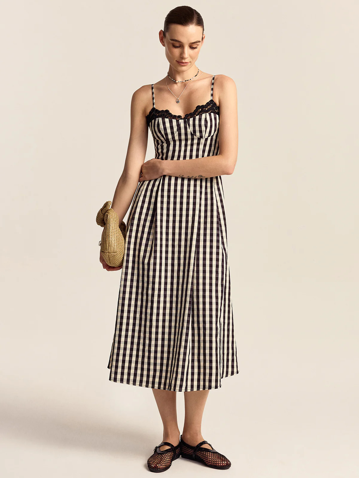 Gingham Spaghetti Strap Midi Dress with Lace Trim | Commense