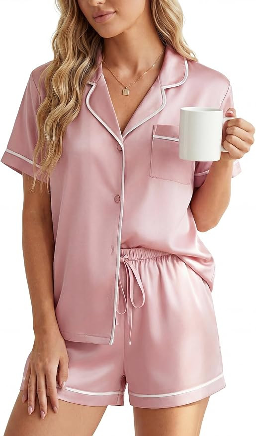 LYANER Women's Satin Pajamas for Women Silk 2 Piece Pj Sets Short Sleeve Button Down Loungewear S... | Amazon (US)
