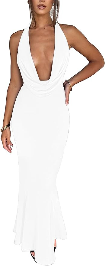 LuFeng Women's Sexy Sleeveless Summer Dress Backless Deep V Neck Halter Bodycon Maxi Party Dress | Amazon (US)