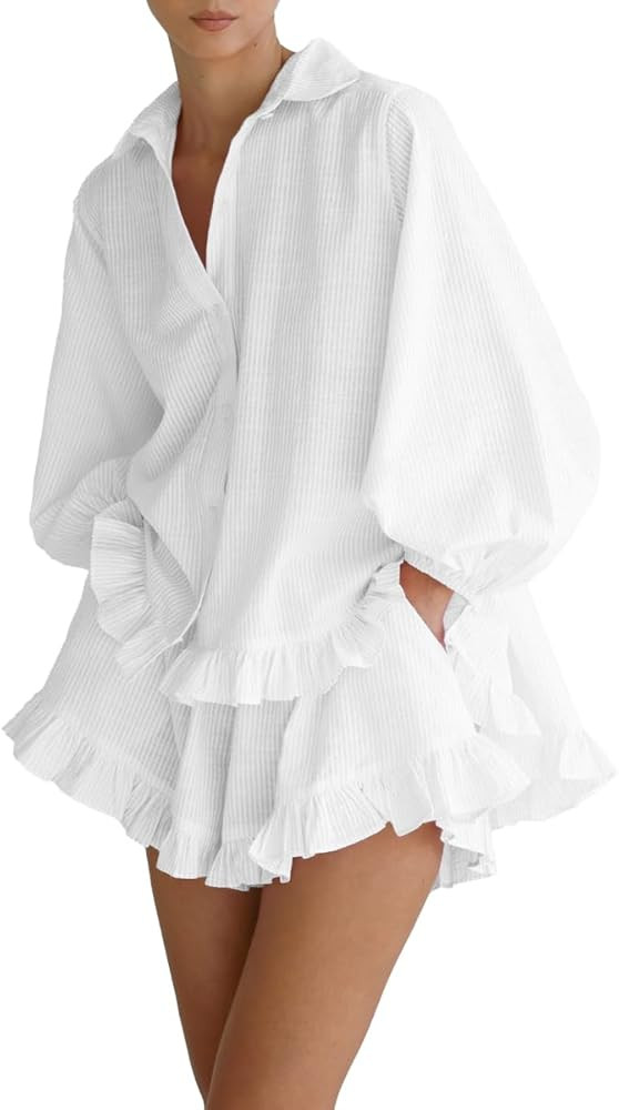Womens 2 Piece Outfits Ruffle Trim Long Sleeve Button Down Shirt and Shorts Casual Striped Lounge... | Amazon (US)