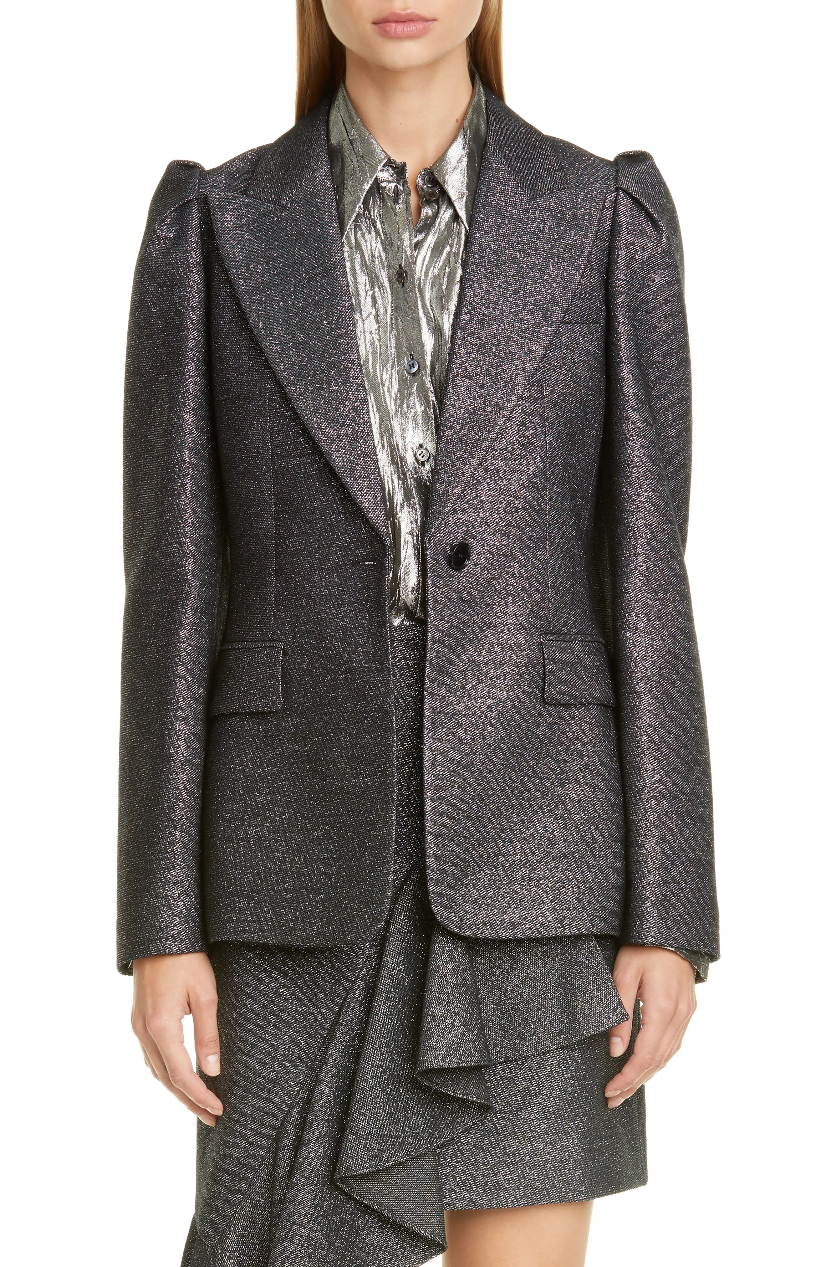 Michael Kors Collection Puff Sleeve Metallic Blazer in Silver/Black at Nordstrom, Size 12 | Nordstrom