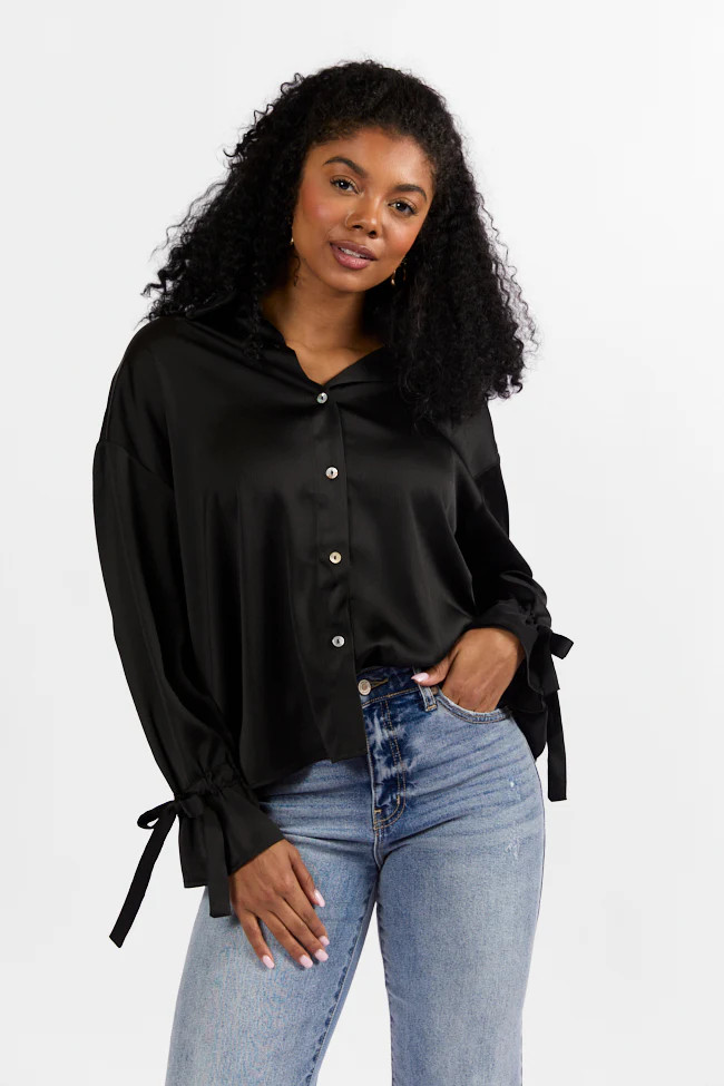 Think It Through Black Bow Cuff Satin Button Down Shirt | Pink Lily