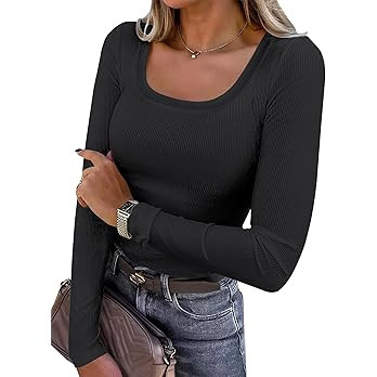 ANRABESS Womens Long Sleeve Shirts Scoop Neck Ribbed Knit Slim Fitted Tops Casual Basic Tee 2025 ... | Amazon (US)