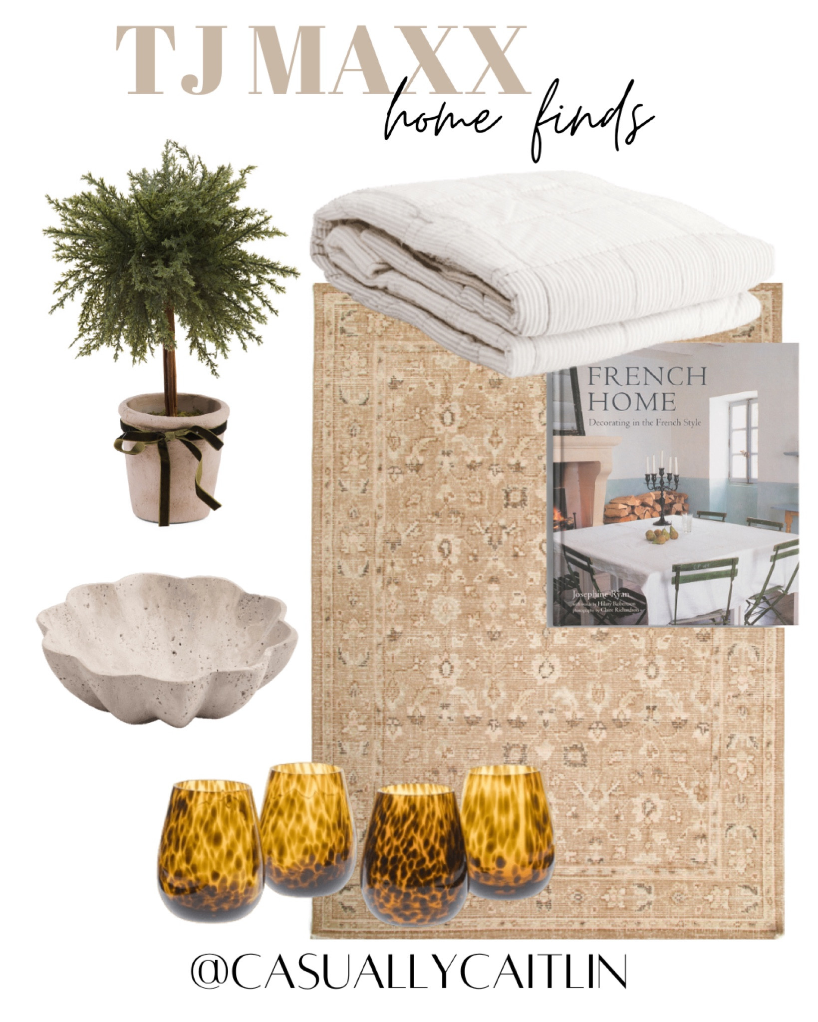 Tj maxx home finds 🤍 this topiary would look great in a kitchen! 

Affordable home finds
Topiary 
Fluted travertine decorative bowl
Striped quilt
Coastal quilt 
Neutral rug
Coffee table book
Tortoise glass cups
Tortoise cups set of 4

#LTKHome #LTKStyleTip #LTKSaleAlert