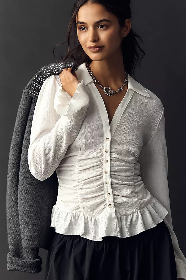 Maeve Smocked V-Neck Ruffle Top | Anthropologie (US)