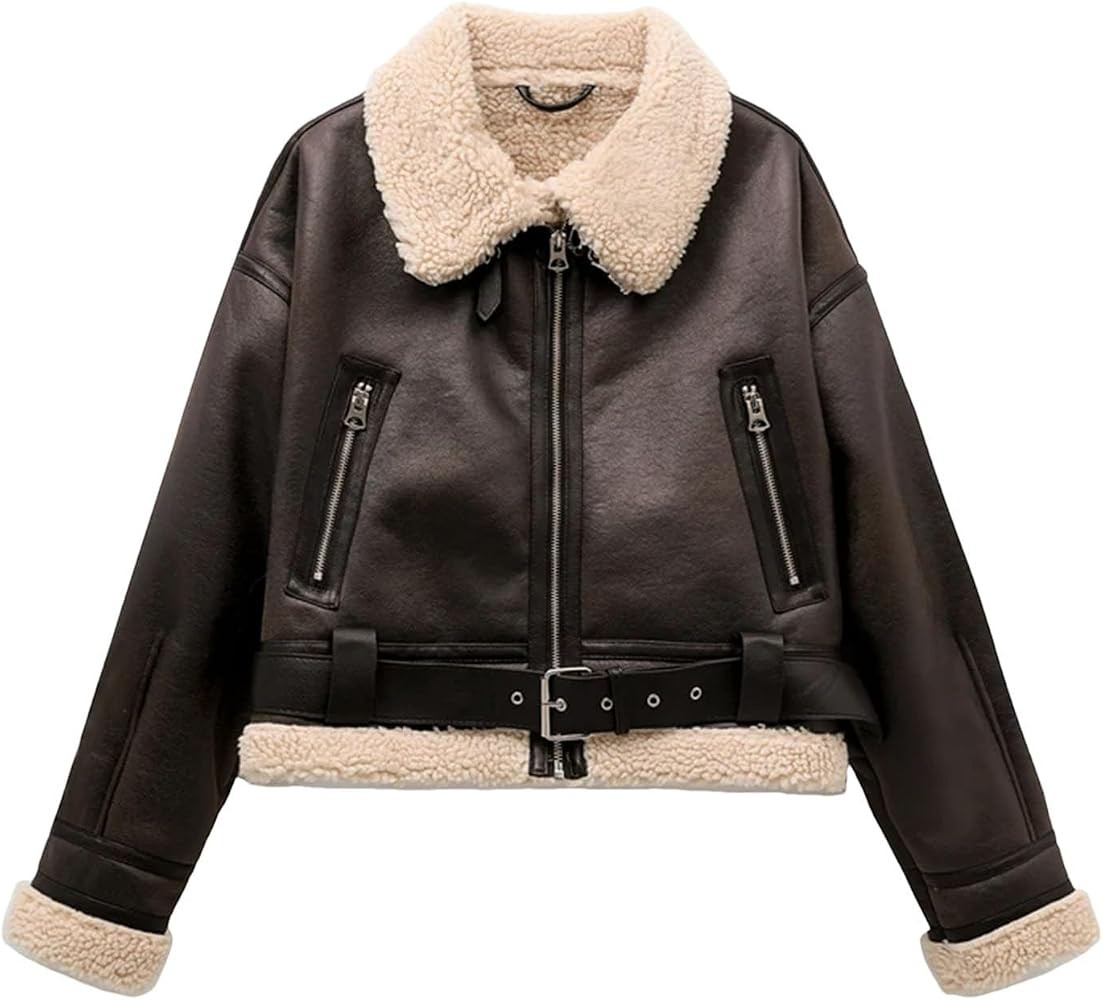 Hgvcfcv Woman's Thick Warm Faux Shearling Jacket Coat Vintage Long Sleeve Belt Hem Female Outerwe... | Amazon (US)