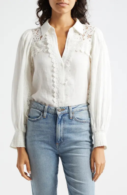 Alice + Olivia Venty Lace Detail Linen Button-Up Shirt in Off White at Nordstrom, Size X-Large | Nordstrom