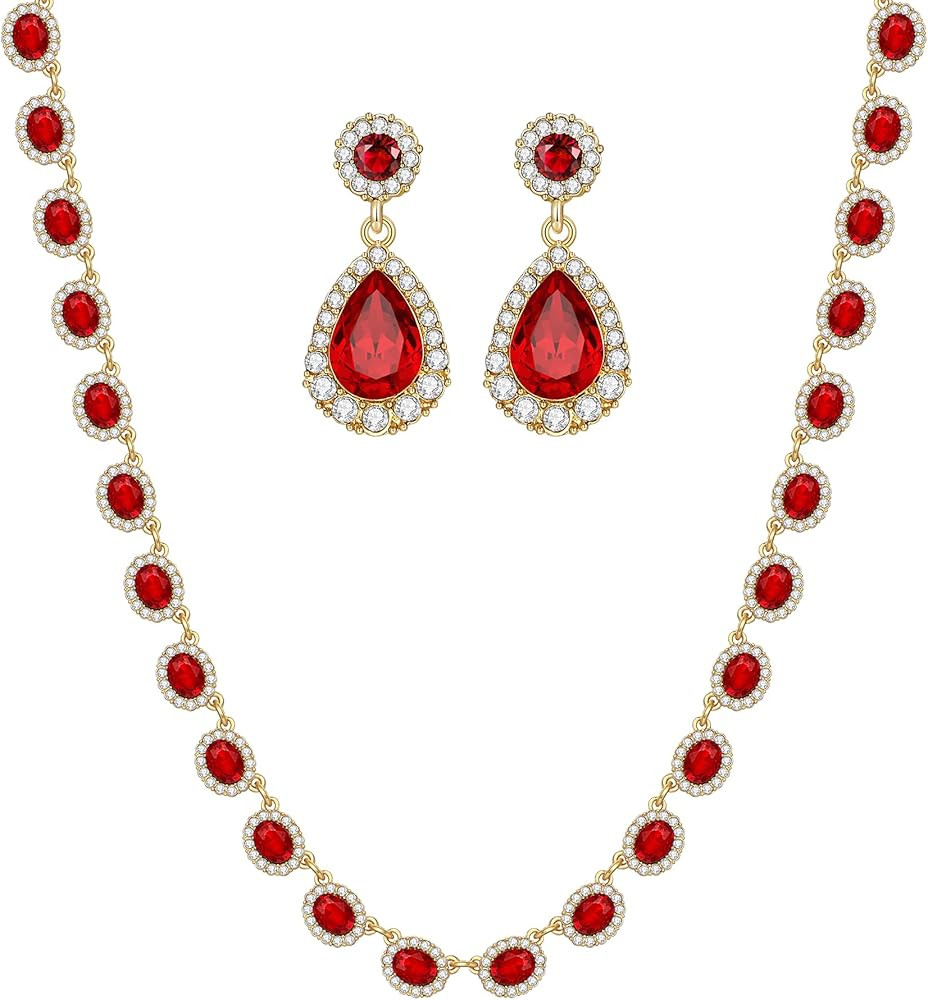 WOWORAMA Crystal Bridal Jewelry Set Statement Choker Necklace Teardrop Dangle Earrings Set Rhines... | Amazon (US)
