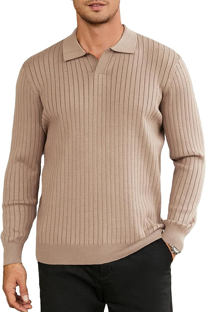 Hardaddy Men's Ribbed Knit Sweater Collared V Neck Polo Shirts Casual Long Sleeve Polo Sweater So... | Amazon (US)