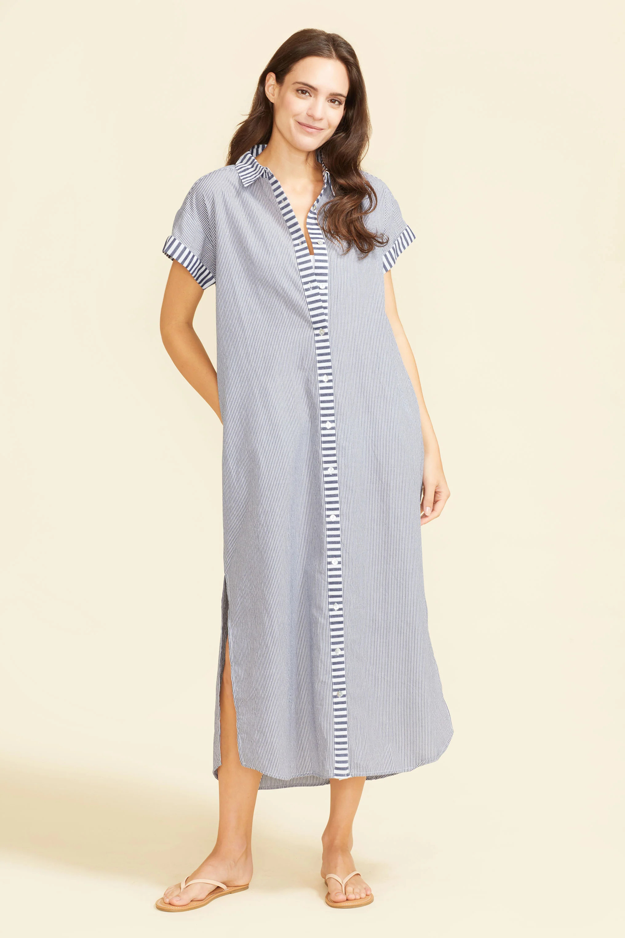 Riga Short Sleeve Midi Dress - Navy Stripes | Sitano