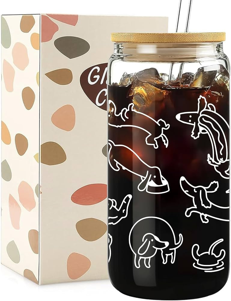 Mikopei Dachshund Gifts for Women Men - Funny Dachshund Glass Cups with Lids and Straws, Cleaning... | Amazon (US)