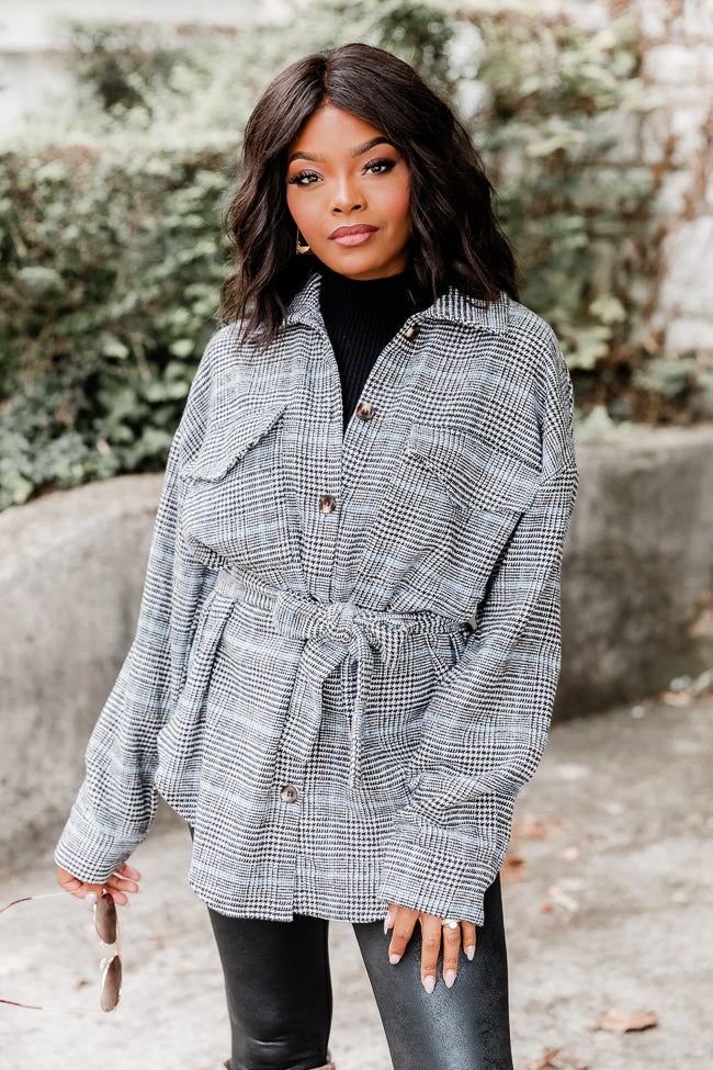 It Gets Better Grey Belted Plaid Shacket | Pink Lily