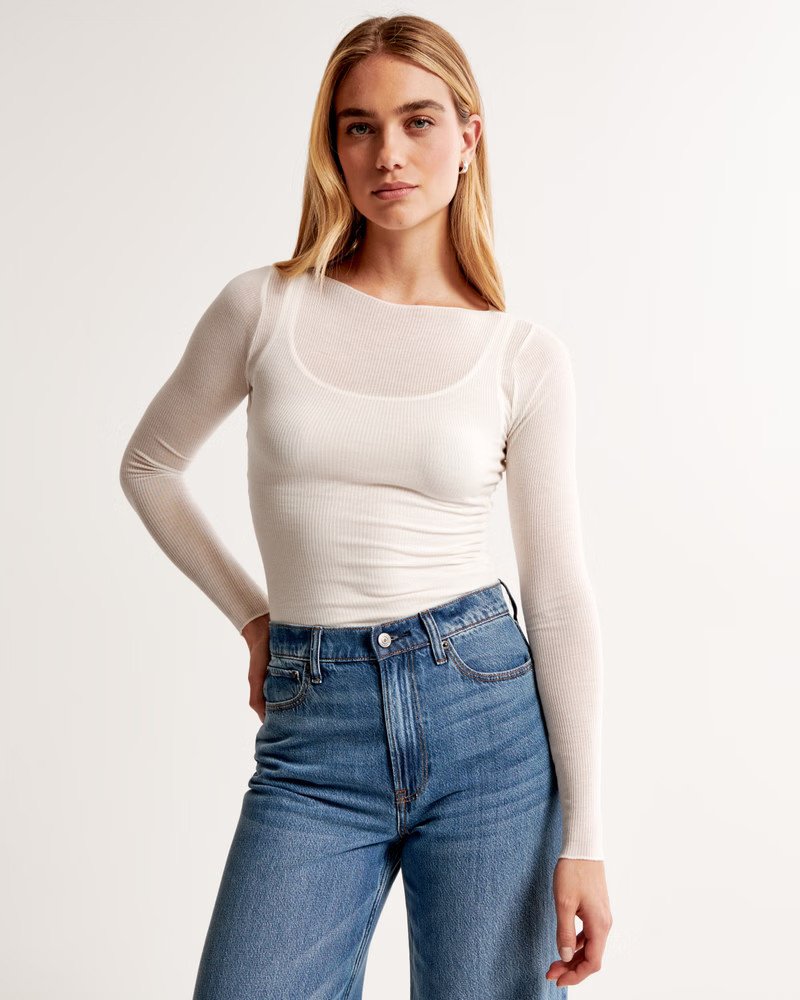 Long-Sleeve Sheer Rib Slash Top | Abercrombie & Fitch (US)