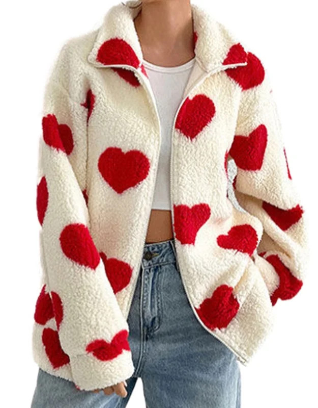 Women's Fleece Sherpa Jacket Heart Print Full Zip Loose Winter Warm Coat Valentine's Day Gifts Wi... | Walmart (US)