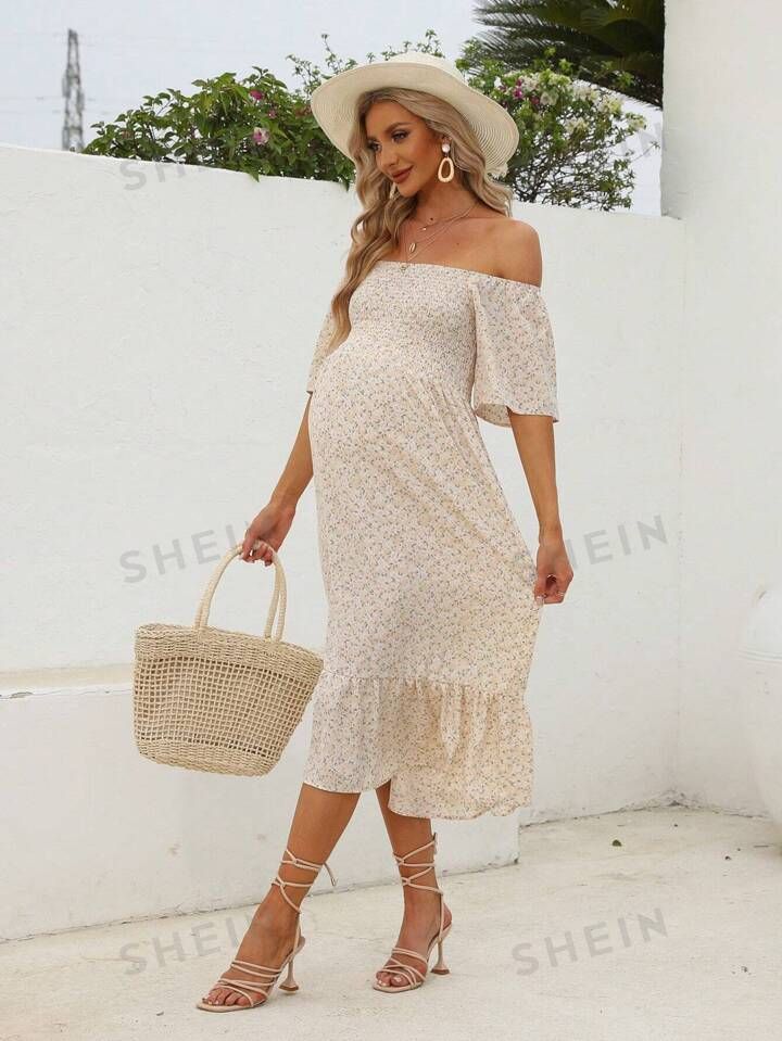 Maternity Ditsy Floral Off Shoulder Ruffle Hem Dress | SHEIN