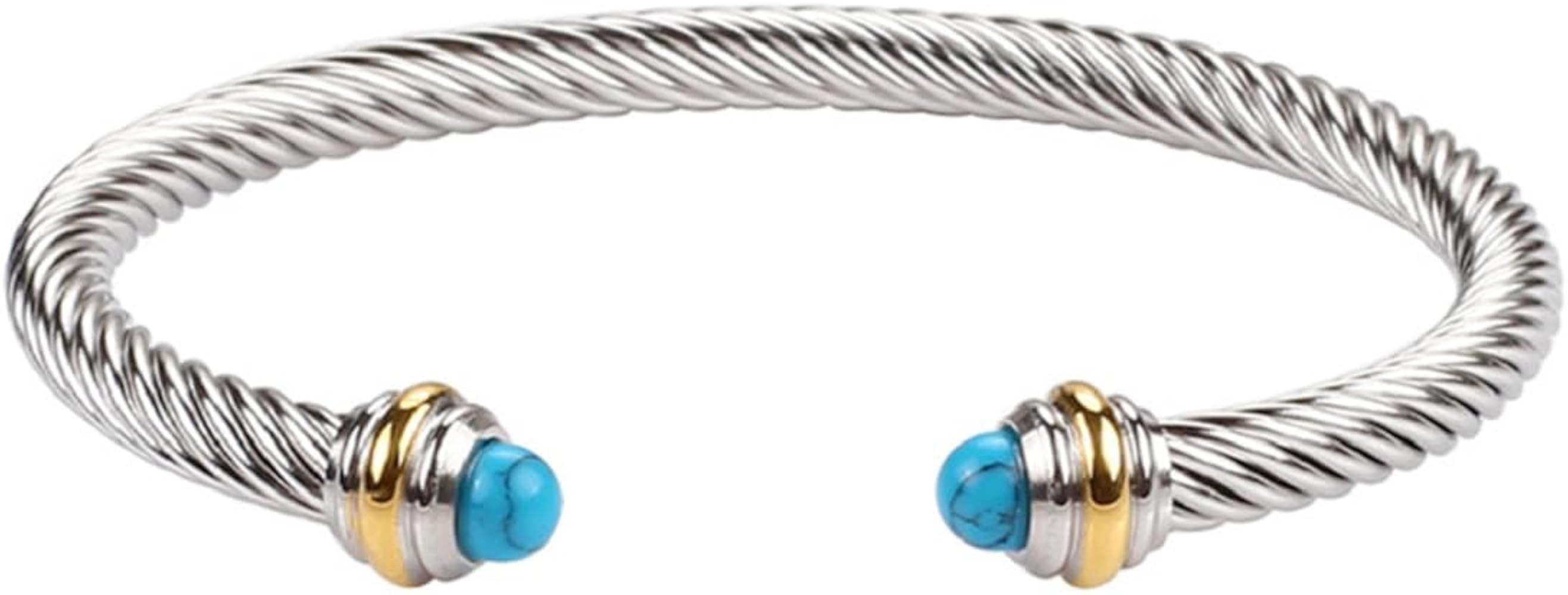 Harlorki Adjustable Shiny Silver Personalized Twisted Stainless Steel Turquoise Charm Open Bangle... | Amazon (US)