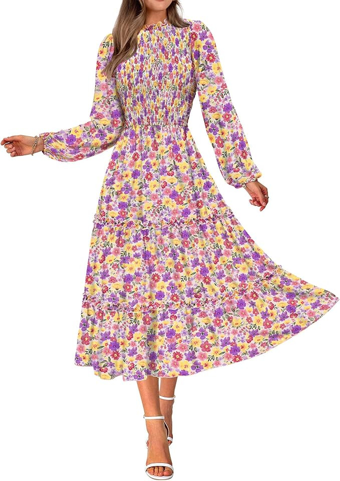 NOLLSOM Women 2025 Fall Dress Floral Boho Dress Casual Long Sleeve Crew Neck Ruffle A-Line Flowy ... | Amazon (US)