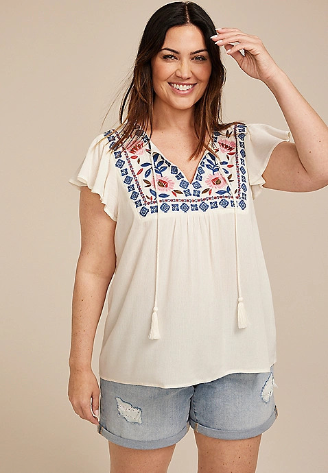 Plus Size Embroidered Tie Front Blouse | Maurices