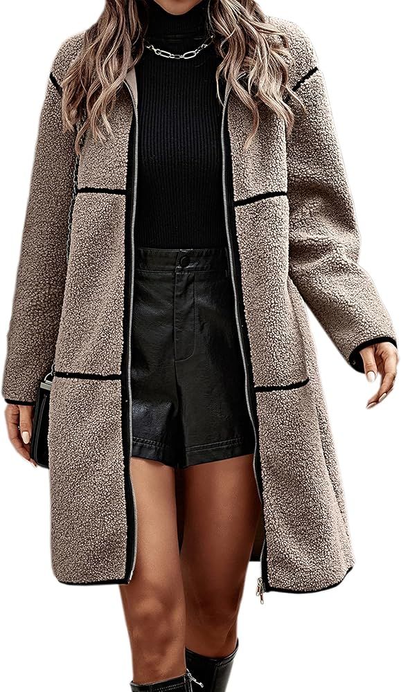 ECOWISH Womens Sherpa Jacket Casual Fleece Fuzzy Coat Long Winter Outwear Patchwork Zipper Cardigan  | Amazon (US)