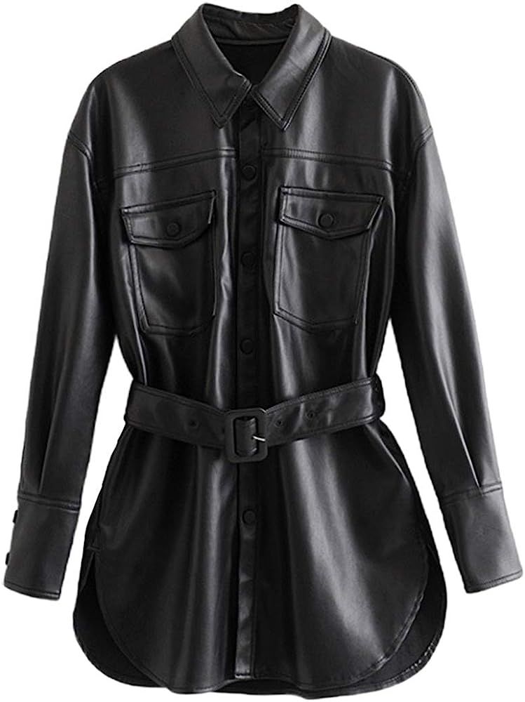 chouyatou Women's Cool Elegant Mid-Length Belted Faux Leather Shirt Jacket Shacket | Amazon (US)