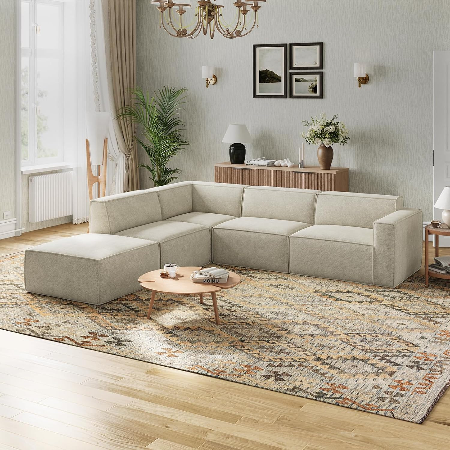 Novilla 109" Modular Sectional Sofa, No Assembly Cloud Sectional Couch with Smarts Coil® Support, Chenille Fabric L Shape Boneless Couch for Living Room Apartment, Beige (R-Arm 4 Seat w/ 1 Ottoman) | Amazon (US)