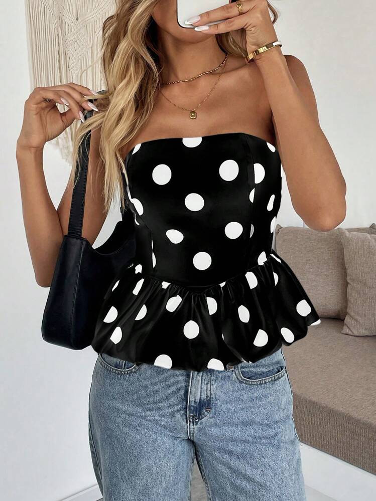 Pariaura Women's Polka Dot Printed Bustier Crop Top With Peplum Hem | SHEIN