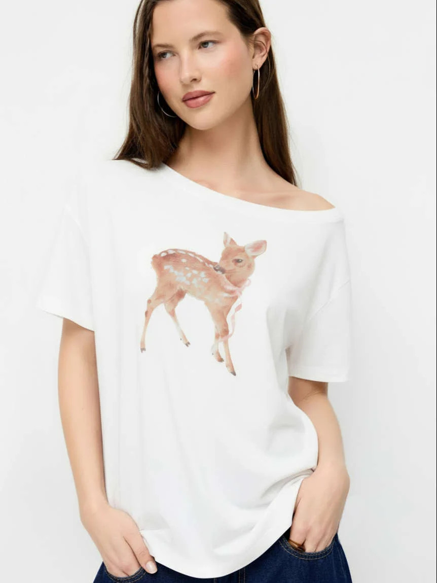 Cotton-blend Deer Graphic Asymmetrical Neck Oversized Tee | Cider