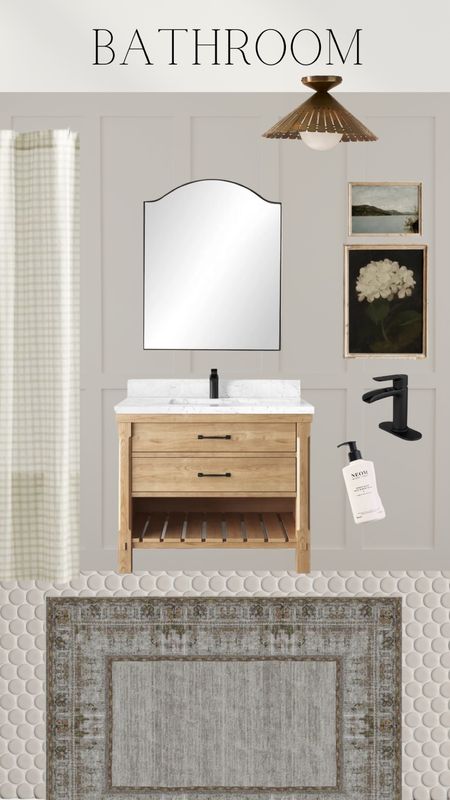 Bathroom mood board. Countryside inspired. Wood vanity. Washable rug 

#LTKSeasonal #LTKstyletip #LTKhome