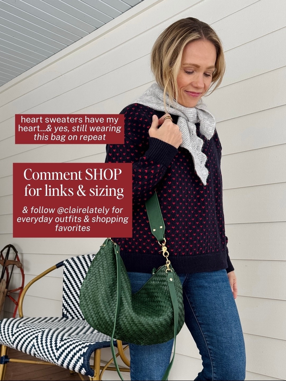 Clare V Moyen Messenger in evergreen, Anthropologie scallop triangle scarf, Pistola navy heart sweater wearing my regular size small, Madewell vintage corp flare jeans, are a closer fitting style but have a hint of stretch so wearing my regular size (5'3"), Kule stripe tee wearing a small, Dolce Vita front zip boots are true to size, J.Crew trouser socks set, Merit Flush Balm in leBonBon on cheeks & lips. xo, Claire

#LTKSaleAlert #LTKOver40 #LTKSeasonal