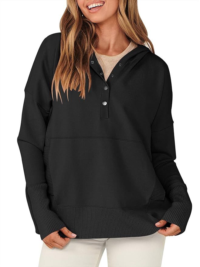 ANRABESS Women Oversized Hoodie Sweater Long Sleeve Buttons V Neck Casual Loose Sweatshirt Hooded... | Amazon (US)