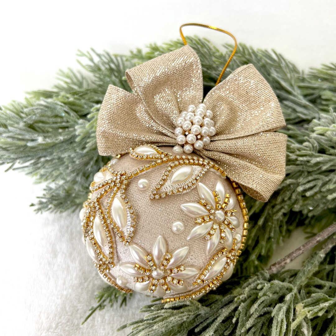 Medium 3 Inch Beige Velvet Pearl Rhinestone Ornamentvelvet - Etsy | Etsy (US)