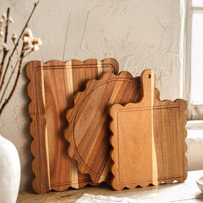 3 PCS Acacia Wood Scalloped Cutting Boards Set, Decorative Wooden Charcuterie Boards with Handle ... | Amazon (US)
