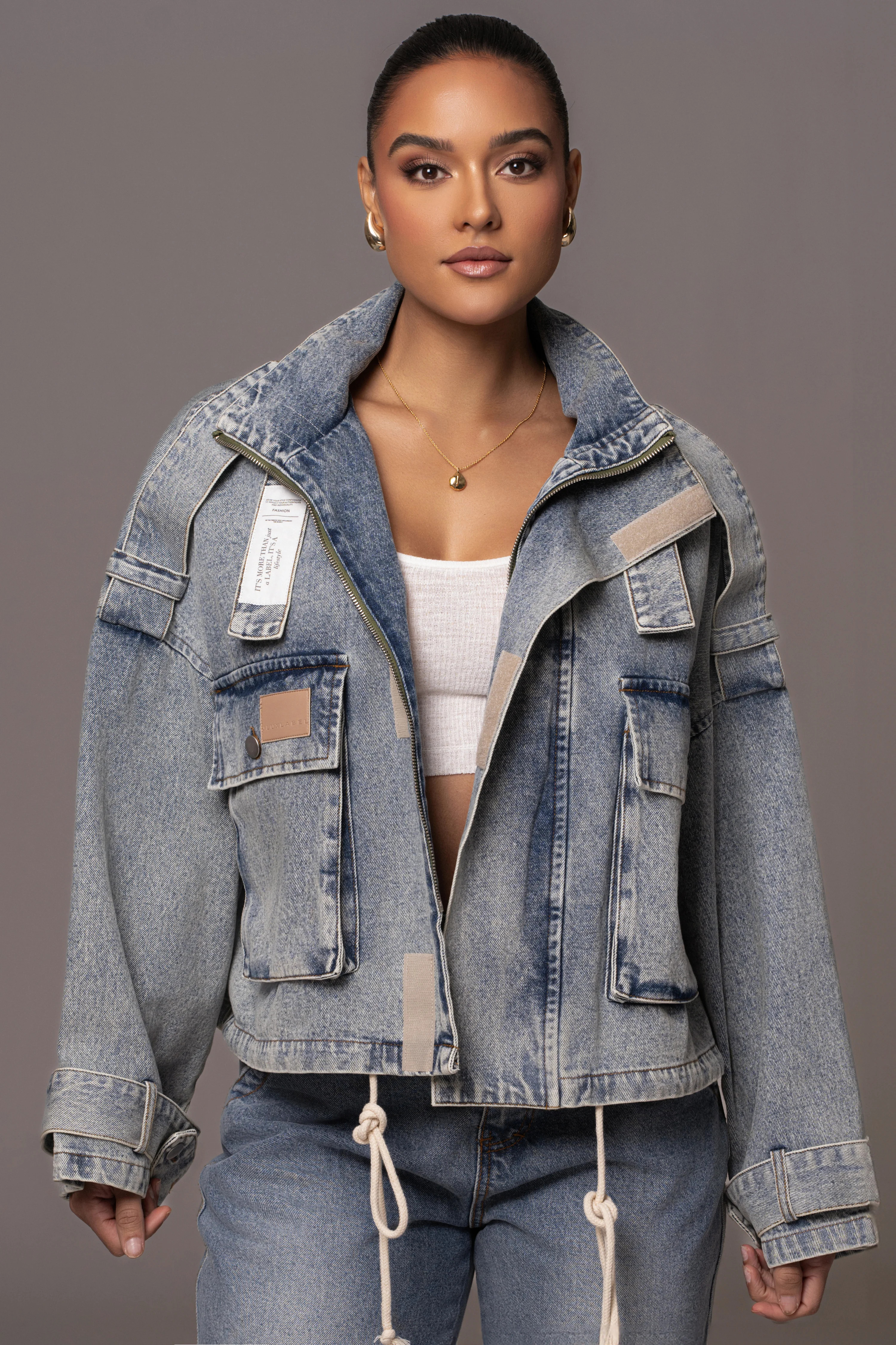 Medium Wash Esther Utility Denim Jacket L/XL | JLUXLABEL