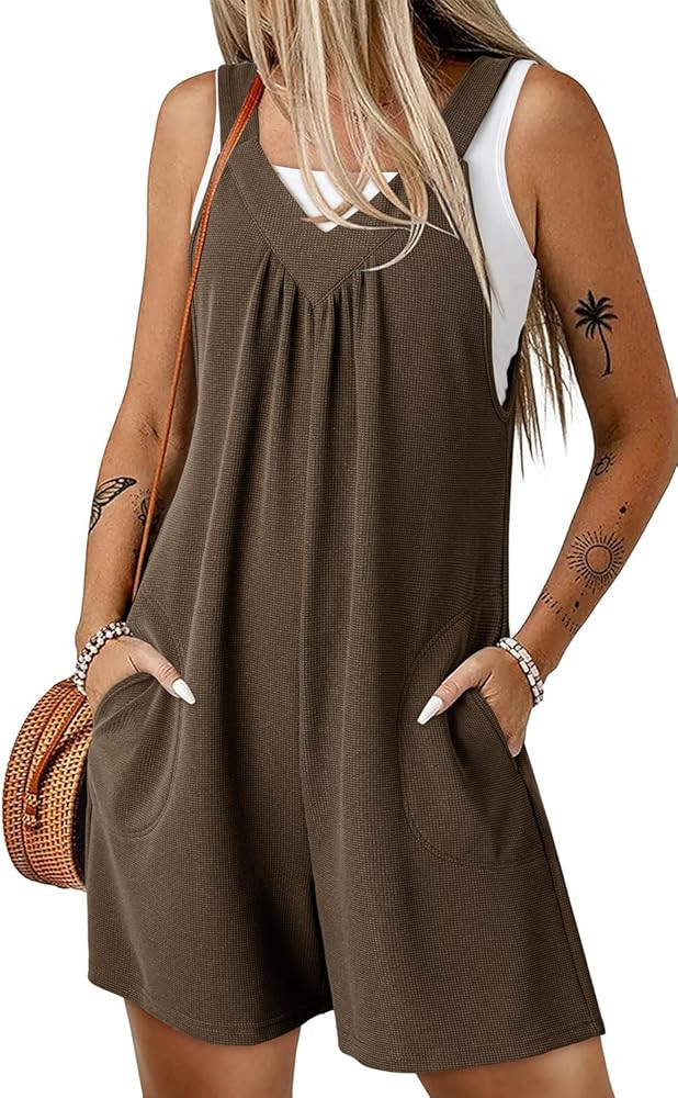 Dokotoo Women's Summer Sleeveless Waffle Knit Romper Tank Tops Belt Jumpsuits with Side Pockets | Amazon (US)
