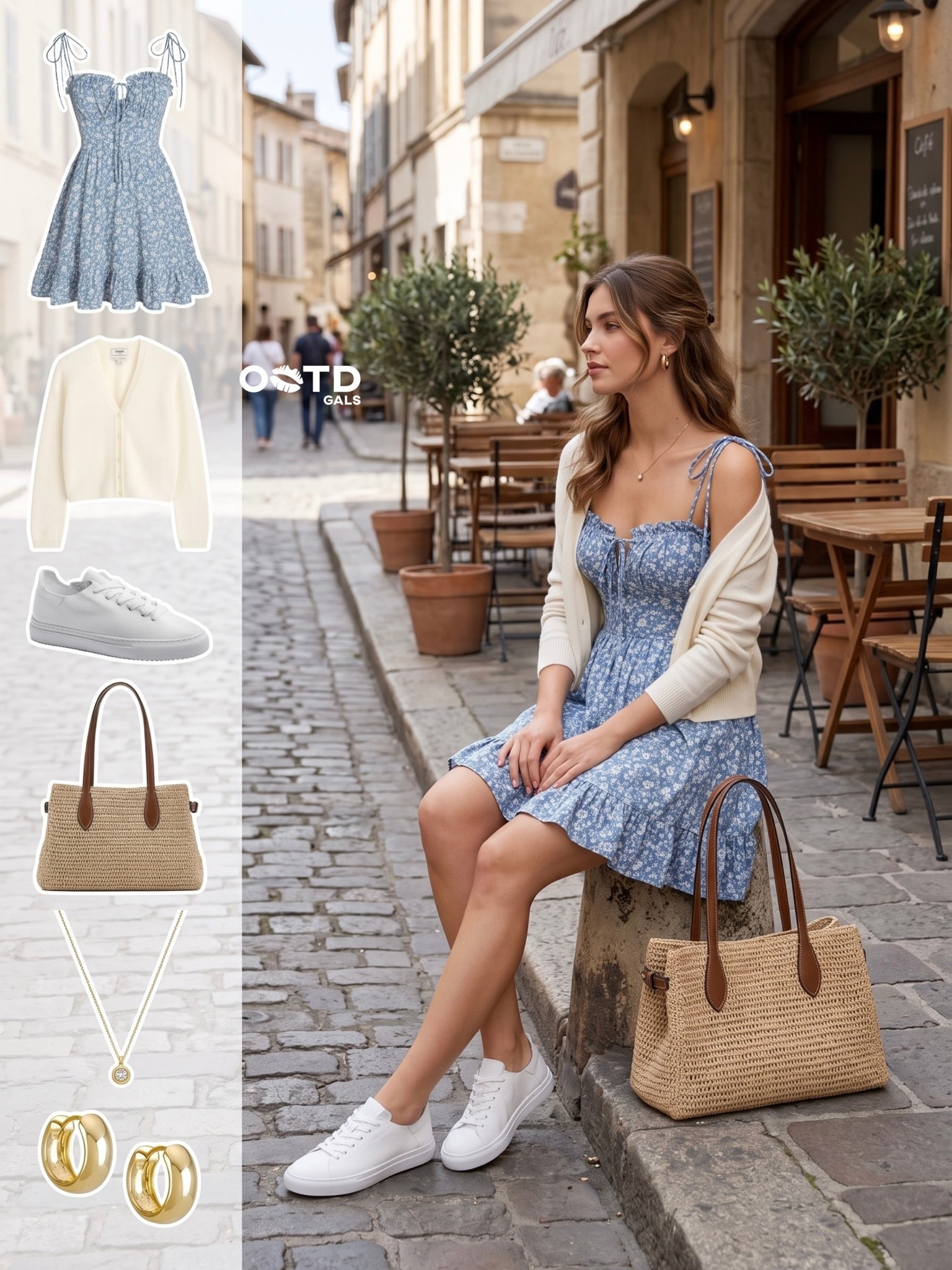 The prettiest café outfit for slow mornings and sunny strolls ☕🩵

Nothing says effortless summer style quite like a soft floral mini dress paired with timeless neutral accessories. This look combines a romantic blue floral sundress with a lightweight ivory cardigan for an outfit that's equal parts feminine, comfortable, and polished. White sneakers keep it practical for walking while woven textures add a relaxed vacation feel.

✨ Style Details:
• Blue floral tie-strap mini dress
• Ivory lightweight button-front cardigan
• White leather sneakers
• Natural woven tote bag with tan leather handles
• Delicate gold pendant necklace
• Gold chunky hoop earrings

The soft blue florals, creamy knit, and natural straw accessories create a fresh color palette that feels classic season after season. It's an easy outfit you'll reach for whenever you want to look put together without sacrificing comfort.

Perfect for café dates, weekend brunch, sightseeing, city walks, farmers' markets, vacation mornings, casual shopping, or everyday summer style.

#LTKeurope #LTKsummer #LTKshoes