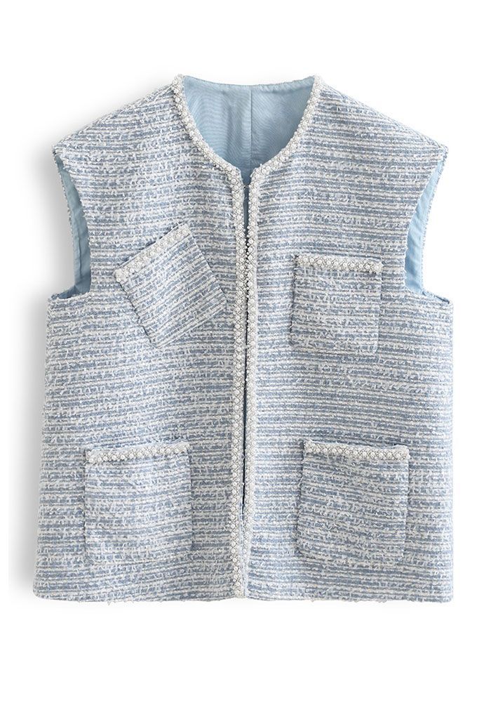 Pearly Edge Pocket Tweed Vest Jacket in Blue | Chicwish