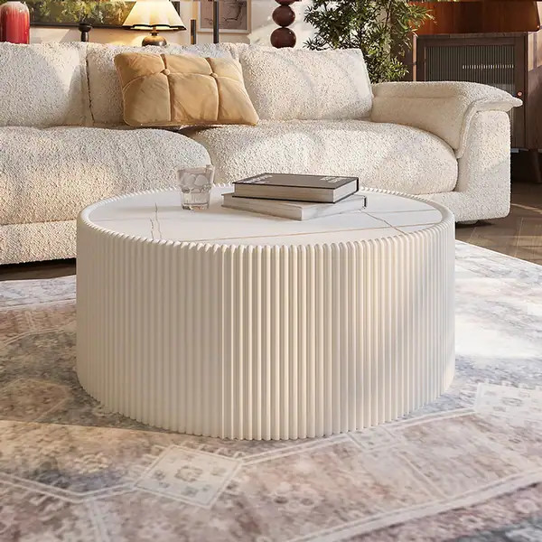 GDFStudio - Modern Sintered Stone Top Round Coffee Table with PU Leather Wrapped Cylinder Base - ... | Bed Bath & Beyond