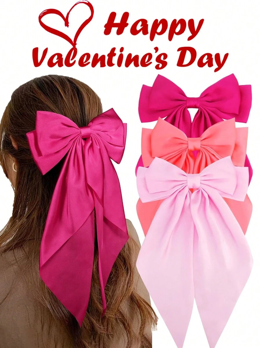 3 Pcs Hair Bows Clips For Women, Pink Bow Rose Red Bows Bow Hair Clips For Women Ribbons Bow Barr... | SHEIN