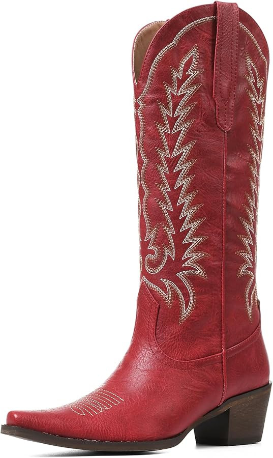 Tscoyuki Cowboy Boots for Women: Embroidered Western Knee High Boots Women - Pointed Toe Chunky H... | Amazon (US)