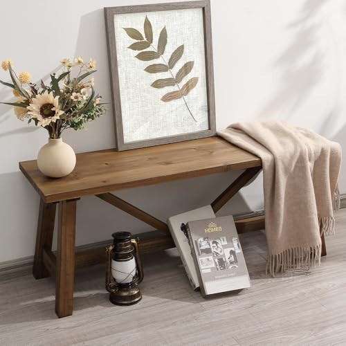 Wnutrees 43" Farmhouse Wood Bench, Narrow Bench, Long Bench Seat for Entryway, Living Room, Dining Room, Solid Wood, Natural | Amazon (US)