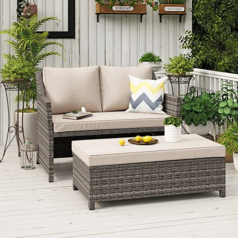 OC Orange-Casual 2-Piece Outdoor Patio Furniture Wicker Love-seat and Coffee Table Set, with Buil... | Walmart (US)