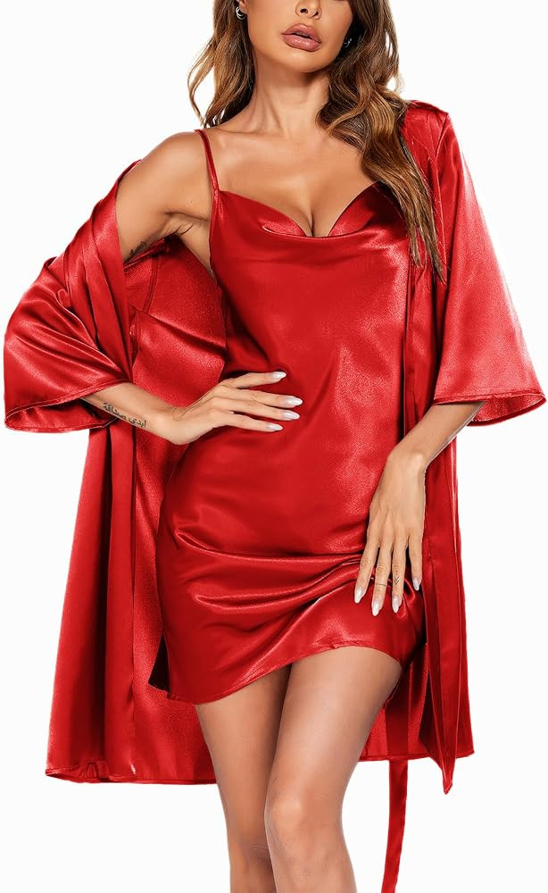 Ekouaer Women's Satin Robe Set Nightgown with Robes Silk Pajama Set 2 Pieces Lingerie Cowl Neck C... | Amazon (US)