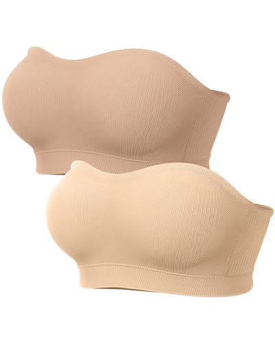 OEAK Womens Strapless Bras Wireless Bandeau Bra Non Slip Push Up Tube Top Seamless Bras Comfortable Padded Bralette Sand+Nude XL | Amazon (US)