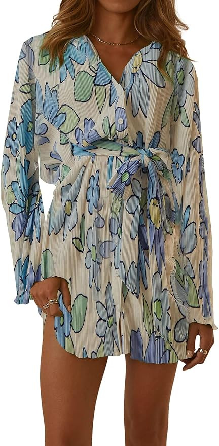 LYANER Women's Collar V Neck Button Down Pleated Long Sleeve Mini Shirt Dress with Belt | Amazon (US)